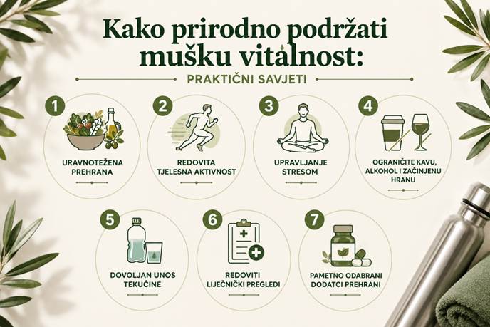 Infografika s praktičnim savjetima za prirodnu podršku muškoj vitalnosti kroz svakodnevne navike.