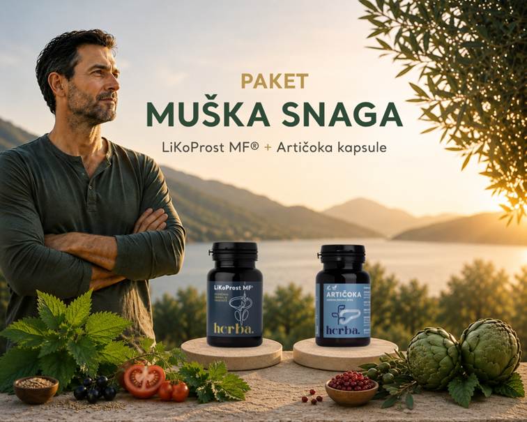 Paket Muška snaga s proizvodima LikoProst MF® i Artičoka kapsule uz muškarca u prirodi.